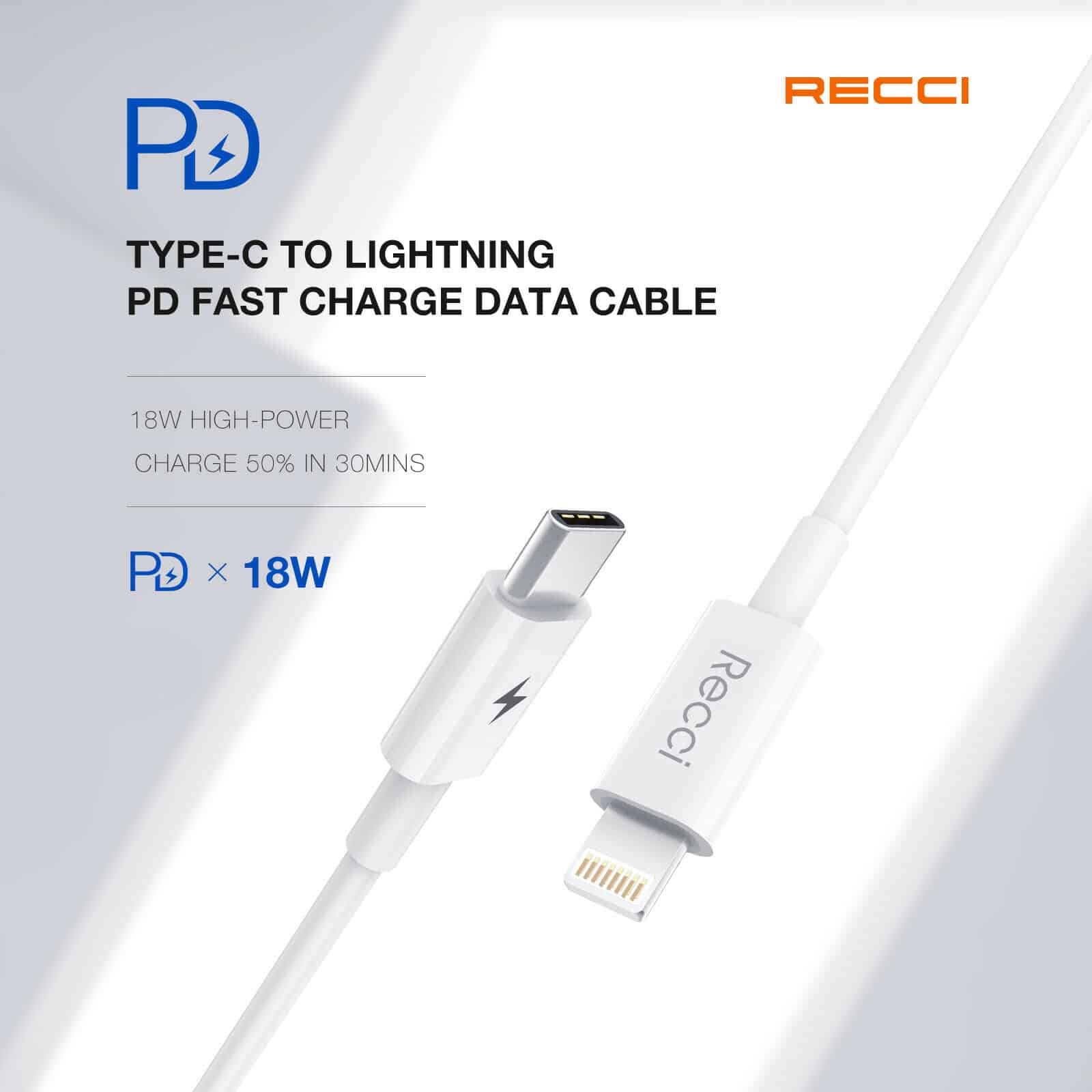 RECCI Type-C TO Lightning PD 18W Power Delivery Câble de charge rapide pour Iphone C