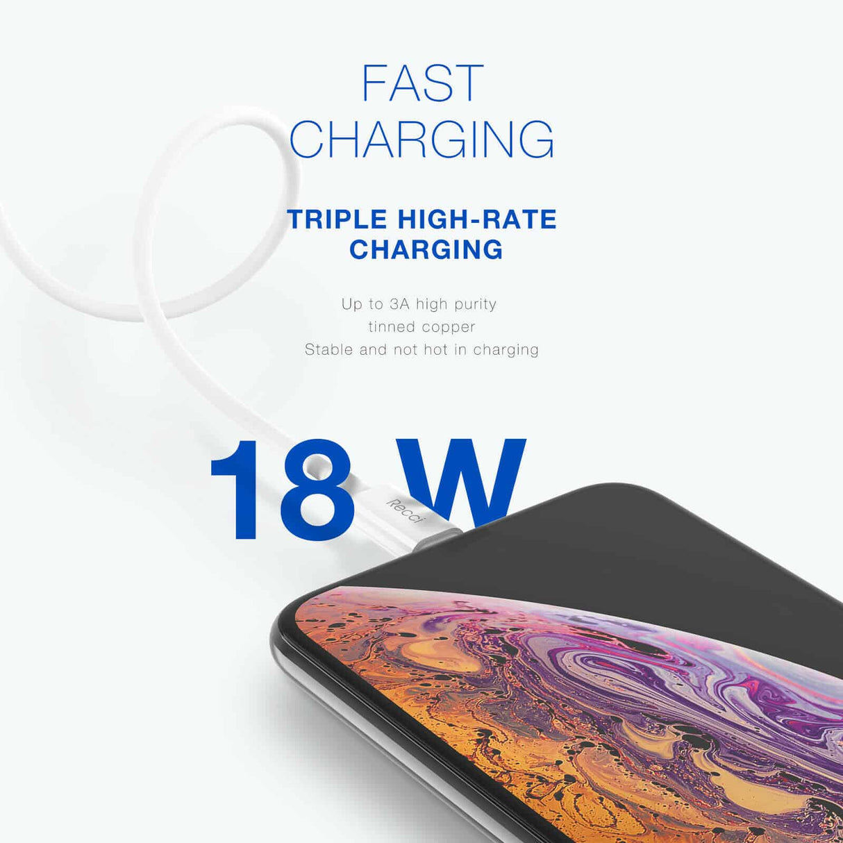 RECCI Type-C TO Lightning PD 18W Power Delivery Câble de charge rapide pour Iphone C