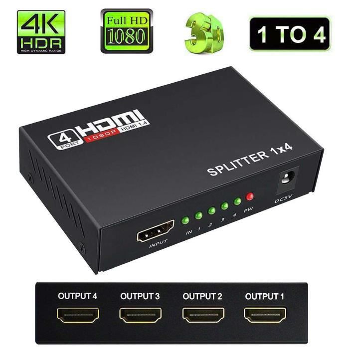 Splitter HDMI Répartiteur Convertisseur TV 4 Ports 1x4 avec 1 Entrée / 2 Ports 1x2 avec 1 Entrée