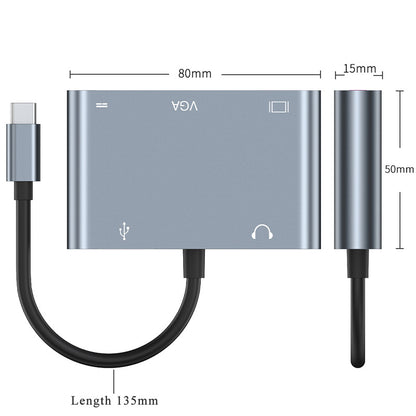 Hub USB multifonction 5-en-1 Type C vers HDMI, VGA, USB 3.0, PD et aux